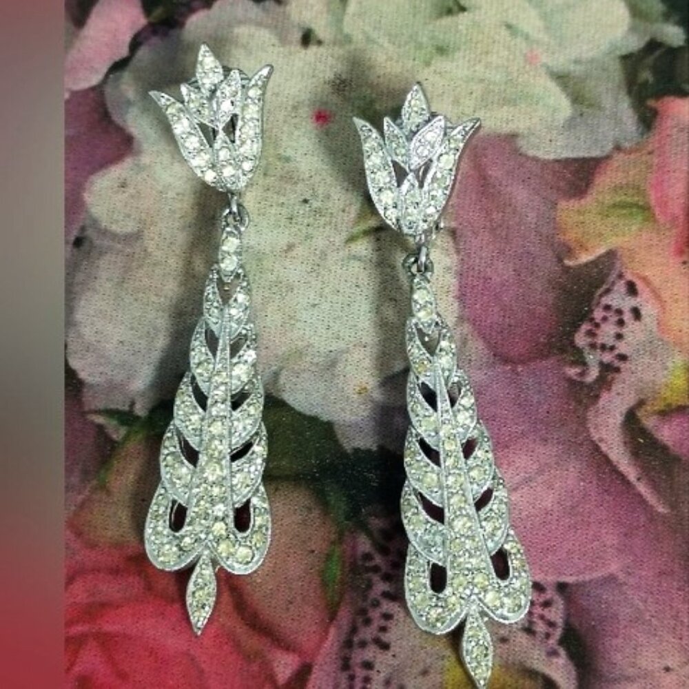 ❤️POLCINI Rhinestone Rhodium Plate Dangle Clip Dressy Earrings 2 1/2